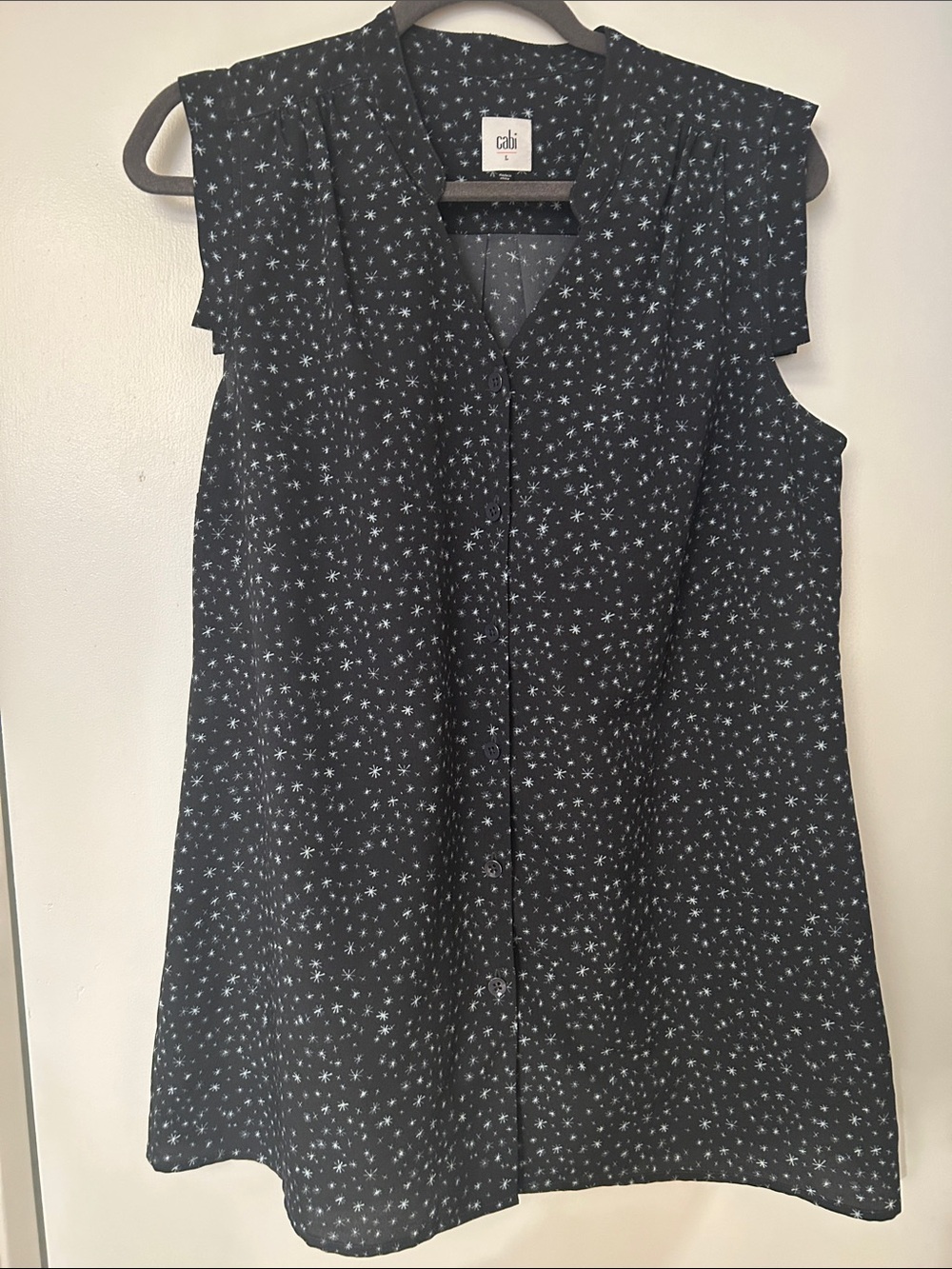 Cabi Astral Star Navy Blue Star-Print Sleeveless Button Front Top